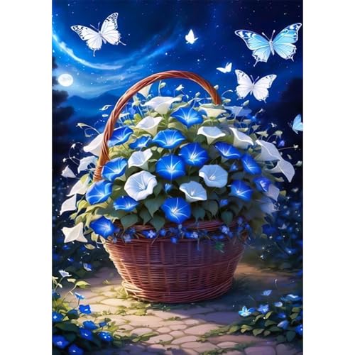 BOWETILE 5D Diamond Painting Bilder, Diamant Painting Blume, Blau Nacht Diamond Painting Set für Erwachsene Kinder, Komplettes DIY Diamond Art Malen Stickset, Kreuzstichbilder für Wohnkultur 30x40 cm von Bowetile