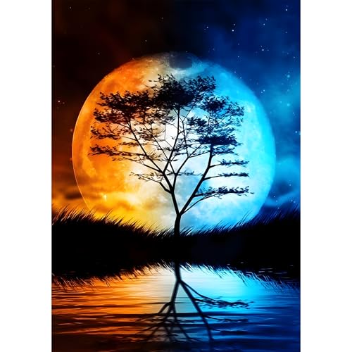 BOWETILE 5D Diamond Painting Bilder Mond, Fantasie Reflexion Baum Diamond Painting Set für Erwachsene und Kinder, Komplettes DIY Diamond Art Malen Stickset für Kreuzstichbilder, Wohnkultur 30x40 cm von BOWETILE