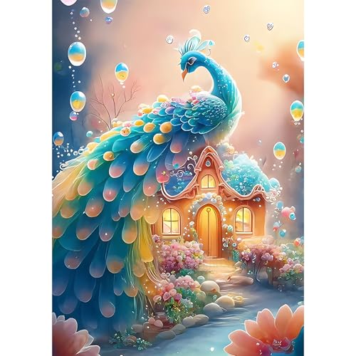 BOWETILE 5D Diamond Painting Bilder Pfau Haus, Blume Tier Diamond Painting Set für Erwachsene und Kinder, Komplettes DIY Diamond Art Malen Stickset für Kreuzstichbilder, Wohnkultur 30x40 cm von BOWETILE