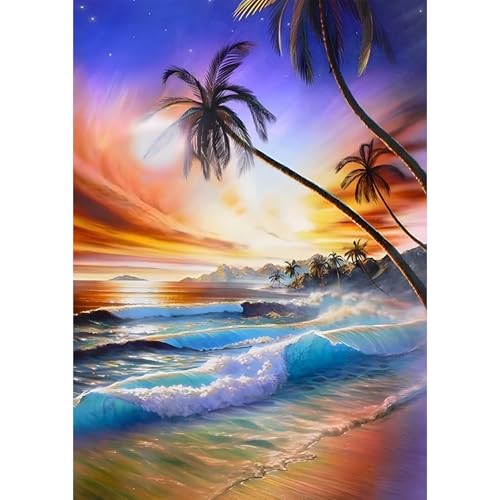 Bowetile 5D Diamond Painting Bilder Strand, Sonnenuntergangsstrand Diamond Painting Set für Erwachsene und Kinder, Komplettes DIY Diamond Art Malen Stickset für Kreuzstichbilder, Wohnkultur 30x40 cm von Bowetile