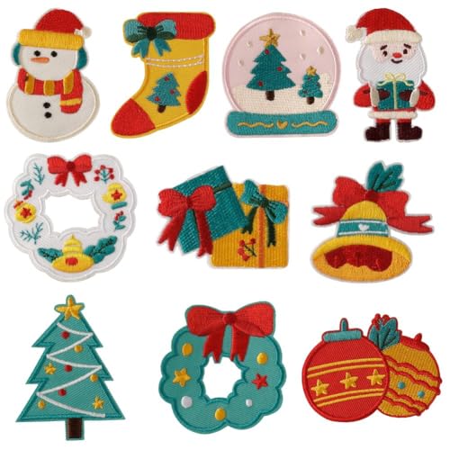 10 x Weihnachts-Bügelbilder, bestickt, zum Aufnähen, Reparaturflicken, Weihnachtsmann-Kranz, für Kleidung, Schneemann, Basteln von BOWTONG