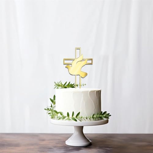 3 Stück Spiegel-Acryl-Kuchenaufsatz, goldfarbenes Tauben-Kreuz, Kuchendekoration für Taufe, Erstkommunion, religiöse T-Kuchendekorationen, Kuchen von BOWTONG