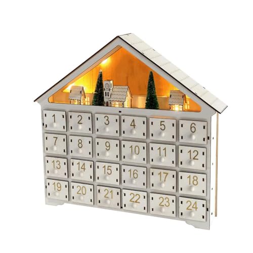 BOWTONG LED Weihnachten Adventskalender mit 24 Aufbewahrungsschubladen, 24 Tage Holz Advent mit Weihnachtshaus L Baumschmuck Kalender von BOWTONG