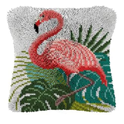 BOXIFA Latch Hook Animal Kissen Kits 17 X 17 Zoll Flamingo Kissenbezug Häkeln Erwachsene Kinder DIY Hobby Handwerk DIY Garn Für Stickerei Kissenbezug Schlafsofa Kissen von BOXIFA