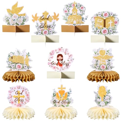 10 Sets Gott Segne Sie Tischdekoration, Blumen Taufe Waben Mittelstücke Doppelseitig Tauf Tischdekoration Erstkommunion Mittelstücke für Babyparty Taufe Party Dekoration von BOXOB