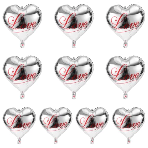 10stk Valentinstag Ballon, 45cm Herz Folienballons Herz Valentinstag Deko Ballon mit Band Verlobung Herz Deko Ballons für Valentinstagsparty Geburtstag Heiratsantrag Hochzeit(Silber) von BOXOB