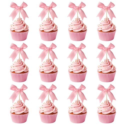 12St Cupcake Deko Schleife, Kuchen Deko Schleife Rosa Schleife Kuchen Topper Schleife Geburtstagsdekoration mit Rosa Schleife für Hochzeit Babyparty Junggesellinnenabschied von BOXOB