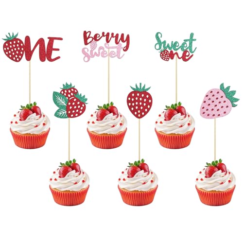 24stk Glitzer Cake Topper mit Erdbeeren, Erdbeer Kuchenaufsätze Cupcake Picker für Babyparty Kindergeburtstagsparty Zubehör von BOXOB