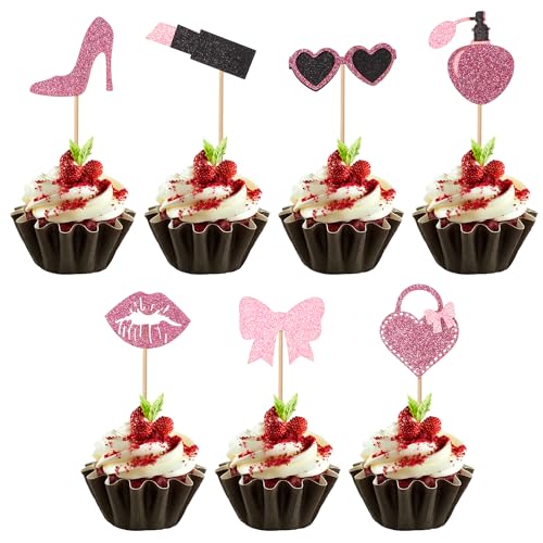 35st Prinzessinnen Cupcake Topper, Rosa Glitzer Cupcake Topper Gläser Hohe Absätze Handtasche Lippen Lippenstift Parfüm Fliege Cupcake Picks für Barb Party Hochzeit Babyparty Geburtstagszubehör von BOXOB