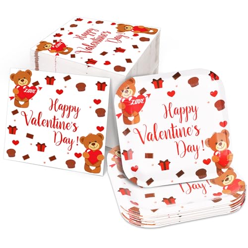 36pcs Valentinstag Teller und 60pcs Valentinstag Servietten,Herz Teddybär Muster Papier Speiseteller Dekorative Pappteller für Feiertage Jahrestage Partys Zubehör von BOXOB