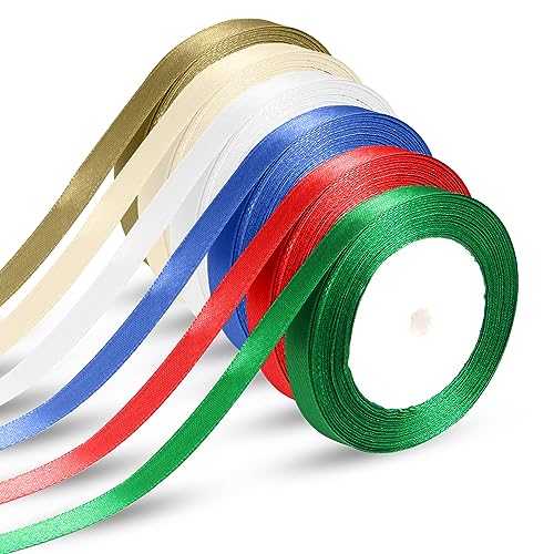 6 Rollen Weihnachtsband, 22m Weihnachtsband zum Basteln Polyester Weihnachtsbaumband Satinbänder Bunt Weihnachtsbänder zum Basteln Dekorieren Geschenkpapier von BOXOB