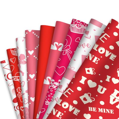 90 Blatt Geschenkpapier Valentinstag, 45x35cm Dünnes Papier Valentinstag Valentinstag Musterpapiere Zum Basteln Scrapbook Papier Dekoratives für DIY Kunst Karte Dekor (8 Designs, 1 Reines Rot) von BOXOB