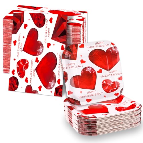 BOXOB 18PCS Speiseteller Valentinstag und 50PCS Servietten Valentinstag, Partygeschirr Set Papier Diamant Herz Muster Dekorative Papier Speiseteller für Jahrestag Hochzeit Party von BOXOB