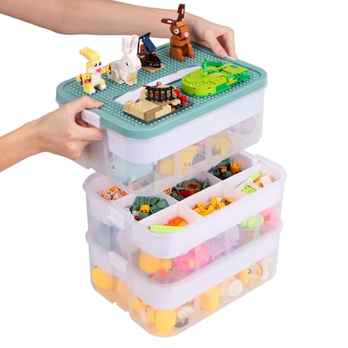 BOXOB Spielzeug Aufbewahrungsbox Organizer für Lego, 3-Lagig Stapelbar Bausteine-Behälter Unterteilt Ziegel-Puzzle-Sortierer Spielzeug-Sortierbox Aufbewahrungsbehälter (Olivgrün) von BOXOB