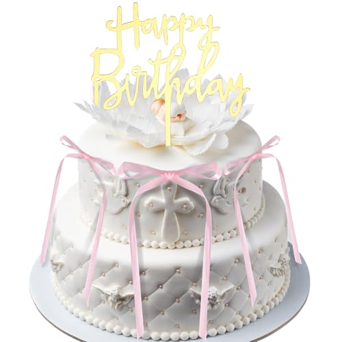 Goldene Happy Birthday Kuchendekoration mit 10stk Rosa Schleifen, Partydekoration mit Koketterie-Motto Cupcake-Dekorationen mit Schleife Vintage-Dekoration mit Rosa Schleife für Kuchen von BOXOB