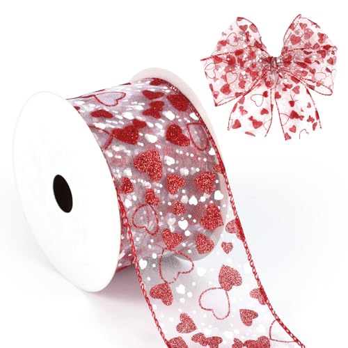 Stoffband zum Valentinstag, Gesamtlänge 10 Yards Hochwertiges Polyesterband mit Draht zum Valentinstag Herzmuster Happy Valentines Day-Band zum Verpacken von Geschenken DIY-Basteldeko von BOXOB