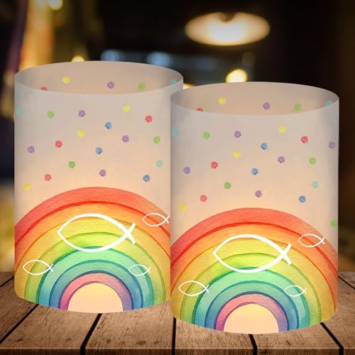 12 Windlicht Tischdeko, Deko Kommunion Mädchen, Fische Regenbogen Deko Konfirmation Taufe Firmung Gastgeschenke, Erstkommunion Deko, Taufdeko Mädchen, Geeignet für Teelichter oder Kerzen von BOYATONG