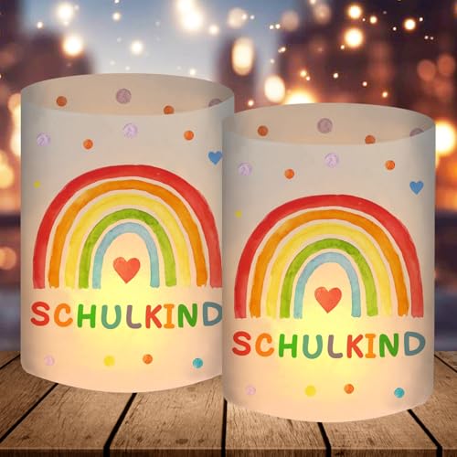 12 Windlicht Tischdeko Einschulung Mädchen, Schulkind 2024 Deko, Schulanfang Deko Mädchen, Schuleinführung Einschulungsdeko mit Regenbogen, Geeignet für Teelichter oder Kerzen von BOYATONG