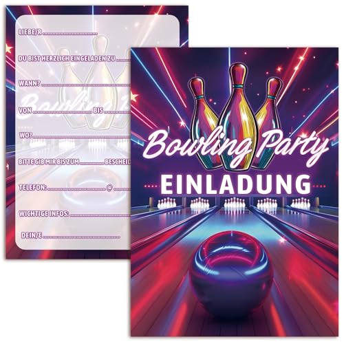 12x Einladungskarten Kindergeburtstag Jungen Mädchen Bowling, Geburtstag Bowling Party, Doppelseitig Neon Blau Lila Rosa, Deutsch Einladungskarten für Bunten Karten Einladungen zum Kindergeburtstag von BOYATONG