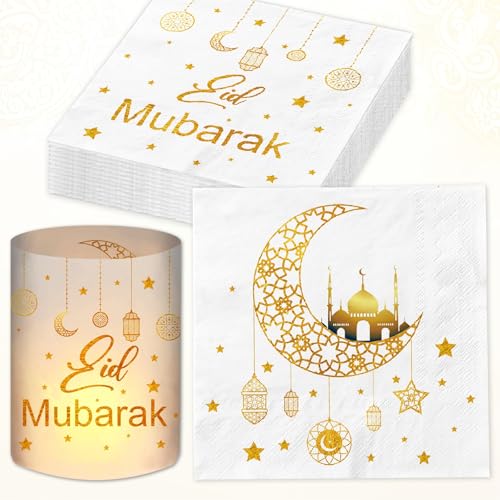 20 Stück Ramadan Servietten + 12 Stück Windlicht Tischdeko, Ramadan Deko Tisch Set Gold, Eid Umrah Mubarak Dekoration, Bayram Islam Eid Deko Kinder Stern Mond Zubehör, Islamische Ramadan Geschenke von BOYATONG