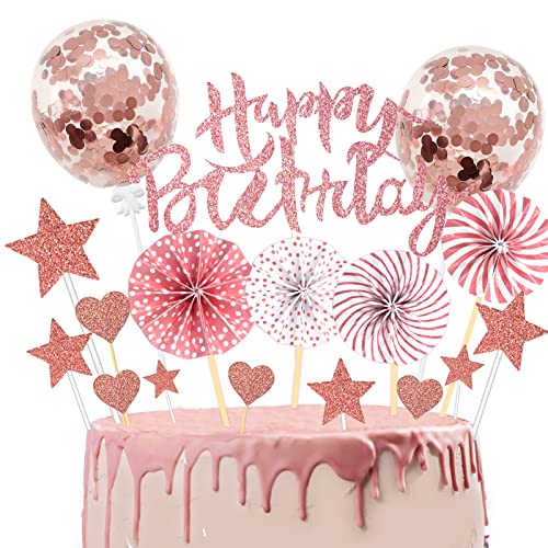 24 Stück Tortendeko Geburtstag Mädchen, Glitzer Cake Topper, Roségold Kuchendeko Geburtstag, Herze Sterne Cupcake Topper, Torten Deko für Frauen Mädchen Kinder Geburtstag Party von BOYATONG