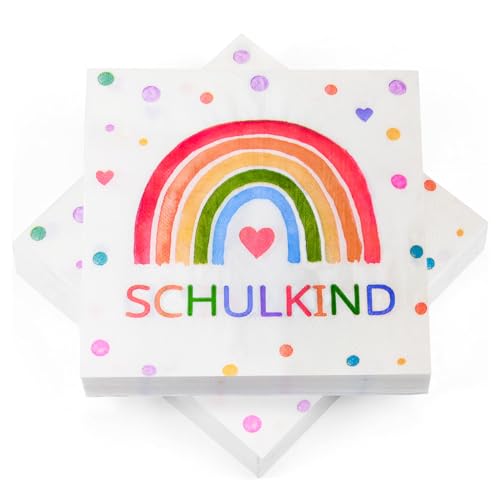 40 Stück Servietten Einschulung Regenbogen, Einschulung Servietten Deko Mädchen Junge, Schulanfang Deko, Regenbogen Party, Tischdeko, 33 x 33 cm von BOYATONG