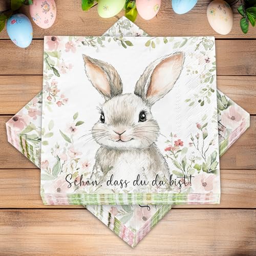 40 Stück Servietten Ostern, Kaninchen Servietten Ostern Frühling, Osterservietten Tischdeko Ostern Partyzubehör - Schön, Dass Du da Bist（33 x 33 cm） von BOYATONG