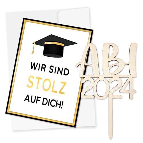 ABI 2024 Tortendeko aus Holz & Glückwunschkarte zur Bestandenen Prüfung & Umschlag Weiß, Abitur 2024 Geschenke Mädchen Junge, Abschluss Karte Wir sind stolz auf dich von BOYATONG