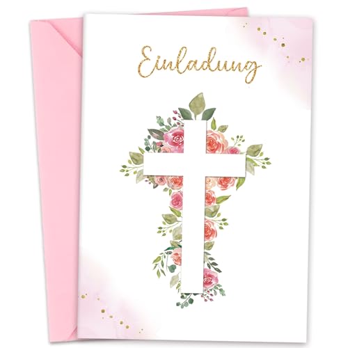 BOYATONG 12 x Einladungskarten mit Umschlag, Elegante Kreuzkarte, Rosa Rosen, Zarte Vergoldete Karten, für Mädchen Konfirmation Kommunion Taufe Firmung von BOYATONG