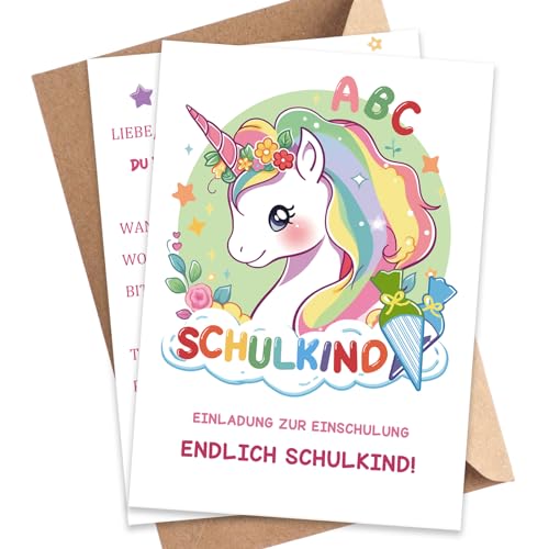 BOYATONG 12er Einladung Einschulung Mädchen mit Umschlägen, Einhorn Einladungskarten Einschulung Mädchen, Einschulung Einladungskarten, Endlich Schulkind 2024 Einschulungskarten Mädchen von BOYATONG