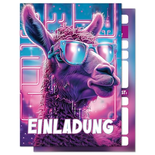 BOYATONG 12 x Lama Einladungskarten Kindergeburtstag Mädchen & Junge, 15 x 10.7cm Einladungskarten Geburtstag, Einladung Kindergeburtstag in Coole Gläser Alpaka Design von BOYATONG