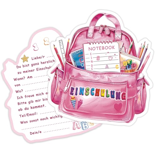 BOYATONG Einschulung Einladungskarten Mädchen - 12 Stück Einladung Einschulung im Süßer Rosa Schulrucksack Design, Schulanfang Deko Schultüte Mädchen von BOYATONG