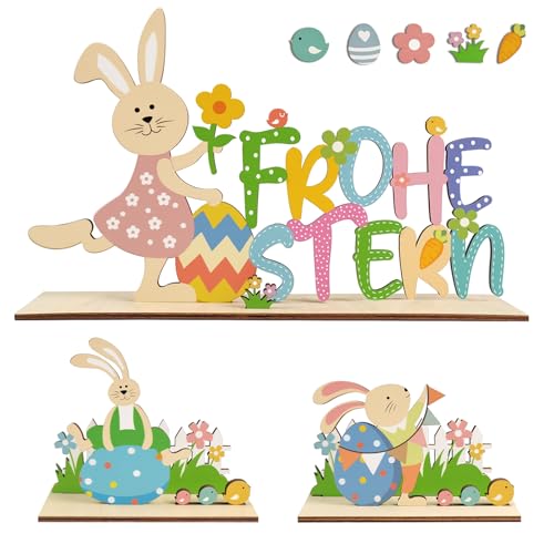 BOYATONG Ostern Deko, 53 Stück Osterdeko Holz Frohe Ostern Schriftzug Aufsteller, Schriftzug mit Osterhasen Frühling Osterdekoration für Kinder Tischdeko Ostern Frühling Geschenk Party Dekoration von BOYATONG