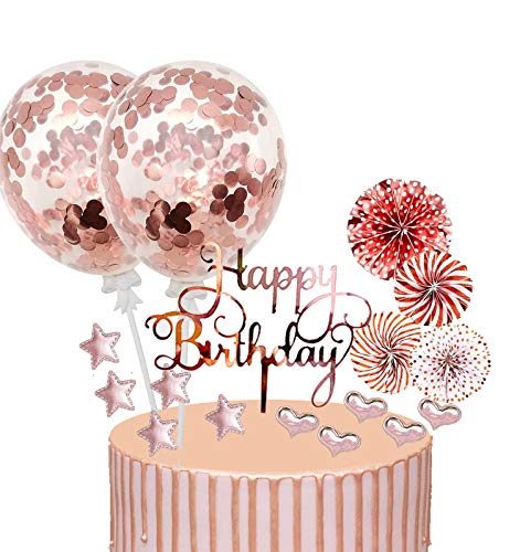 17 Stück Tortendeko Geburstagstorte, Happy Birthday Kuchendeko, Glitter Cake Topper, Rose Gold, Cupcake Topper mit Sternen Liebe Konfetti-Luftballons und Papierfächer von BOYATONG