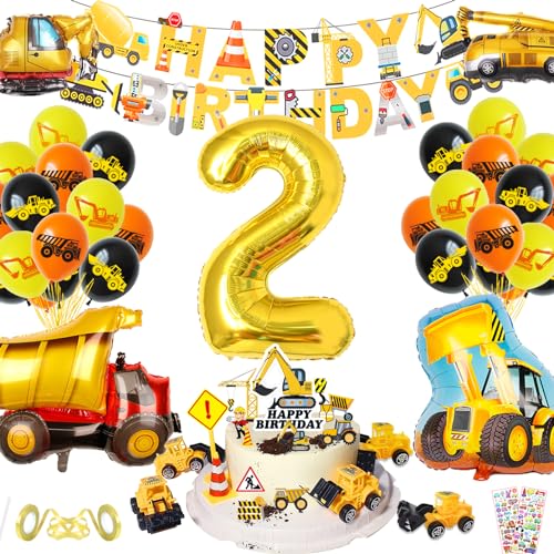 Bagger Deko Kindergeburtstag XXL Set, Deko 2. Geburtstag Junge, Baustelle Geburtstag Deko mit Bagger Happy Birthday Banner, Folienballon 2 Jahre und Bagger Deko Kuchen von BOYATONG