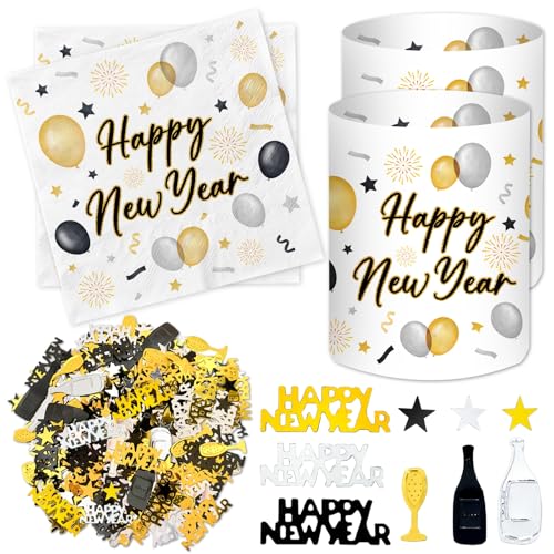 20 Stück Servietten Silvester+ 12 Stück Windlicht Tischdeko Silvester + 500 Stück Konfetti Silvester Deko, Silvester Deko 2025, Happy New Year Deko, Silvesterdeko Party Set von BOYATONG