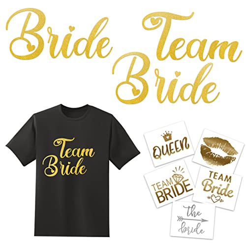 JGA Bügelbild und Tattoo Set, 1 Bride + 5 Team Bride Bilder zum Aufbügeln Gold, 12 metallic Team Bride Tattoos Hochzeit, JGA Accessoires Deko für Hochzeit Bachelor Hen Party von BOYATONG