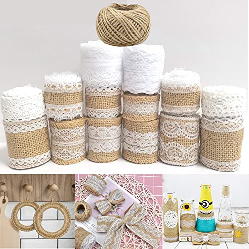 10M Juteband mit Spitze + 13M Spitzenband weiß Vintage + 50M JuteSchnur, Natürliche Jute Bänder, Spitzenbordüre Dekoband Rolle für Geschenkverpackung Hochzeit DIY Basteln Hausdeko(15 Rolle) von BOYATONG