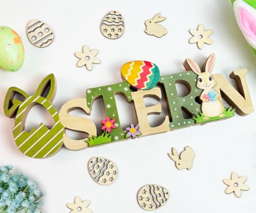 Ostern Deko Hase, Ein Große Holz Osterdeko Hase mit 40 Ostern Streudeko, Ostern Geschenk Osterdekoration für Tischdeko Ostern von BOYATONG