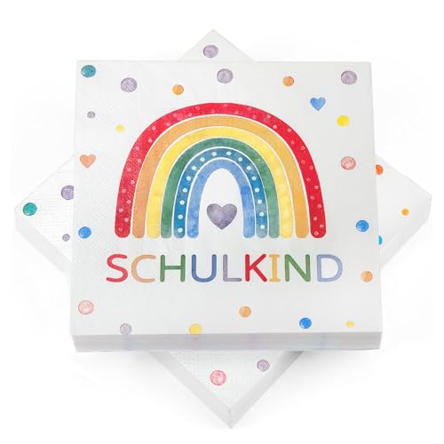 40 Stück Servietten Einschulung Regenbogen, Tischdeko Einschulung Servietten "SCHULKIND" Deko Mädchen, Schulanfang Deko, Regenbogen Party, 33 x 33 cm von BOYATONG