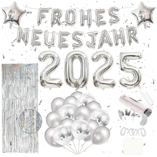 Silvester Deko 2025 XXL Dekoration Set, Happy New Year 2025 Deko mit Folienballons, Latex Luftballons, Silber Lametta Vorhang, Luftschlangen Silvester, für 2025 Silvester Party Deko Neujahrsdeko von BOYATONG