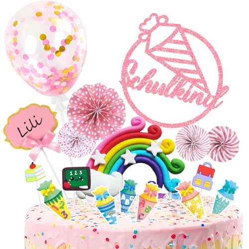 Tortendeko Einschulung Mädchen, Schulkind Tortendeko Schulanfang Deko, Kuchendeko Schulanfang Schulkind 2024 Tortenaufleger Einschulung Deko, Zuckertüte Regenbogen Cake Topper Einschulung Geschenk von BOYATONG