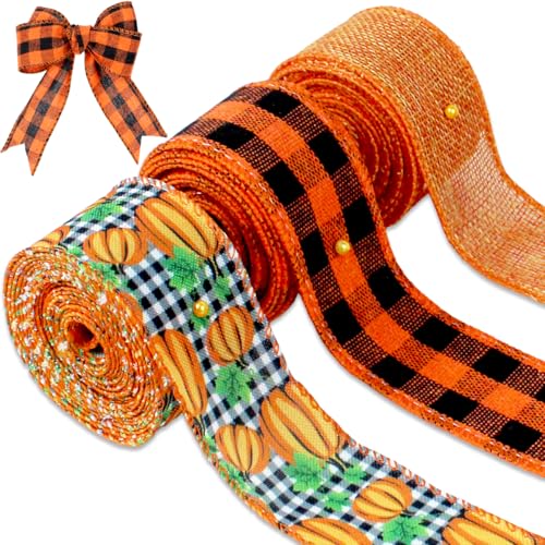 3 Rollen Band mit Drahtrand, Büffelkarierte Bänder mit Kürbismuster, Geschenkband für Thanksgiving, Party, Herbst, Ernte, Dekoration, Kranz, Basteln, Orange, 3 Rollen von BOYIVI