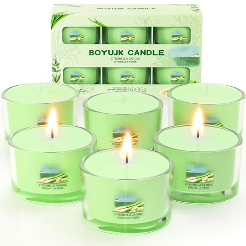 Citronella Kerze Outdoor 6er Set - Natürliche Sojawachs Kerzen 6er Set mit Citronella Duft für Garten, Camping, Picknicks, Balkon, Terrasse - 12 Stunden Brenndauer pro Kerze von BOYUJK