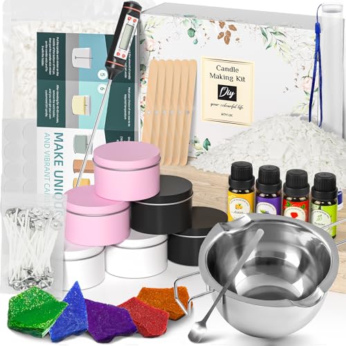 BOYUJK DIY Kerzen selber machen Set, Kerzenherstellung Kit, Kerzen gießen Zubehör Set - Kerzen Schmelztopf 500ml, 500G Sojawachs, 6 Kerzendosen,4 Duftöl,4 Farbblöcken,100 Candle Wicks von BOYUJK