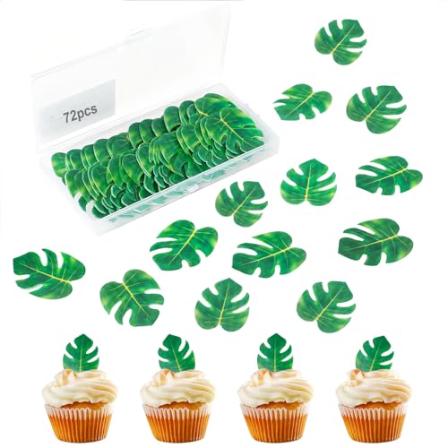 BOZILY 72 Stück Essbare Tropische Schildkrötenblätter Cupcake Topper, Blätter Kuchen Dekoration, Dschungel Tortendeko Palmblatt-Kuchen-Deckel für Sommer tropischen Party Themenkuchen von BOZILY