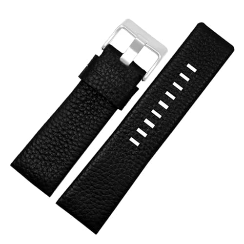 Echtes Lederarmband 22 24 mm 26 mm 27 28 30 mm Litchi-Korn-Armband for Diesel-Uhrenarmband DZ7256 DZ4344 DZ1657 DZ1206 Armband (Color : Black Silver Buckle, Size : 28mm) von BOtizr