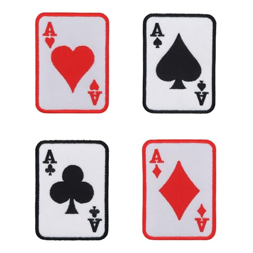 4er Set Poker Karten Ass Herz Karo Pik Kreuz – Hochwertige Aufnäher zum Aufbügeln & Aufnähen | Gestickte Bügelpatches für Karneval, Fasching, Kostüm Patch Applikation Größe je Aufnäher 5,5 x 7,5 cm von BP BRAUNERT PATCHES