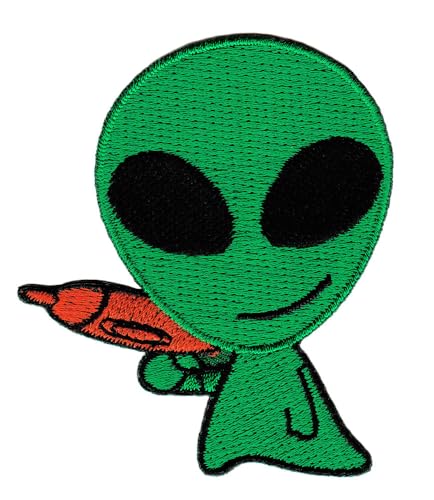 Grünes Männchen Alien Disco Aufnäher zum aufbügeln oder aufnähen Bügelbild Aufbügler für Kleidung gestickter Bügelflicken Außerirdischer Applikation Patch Größe 6,4 x 7,3 cm von BP BRAUNERT PATCHES