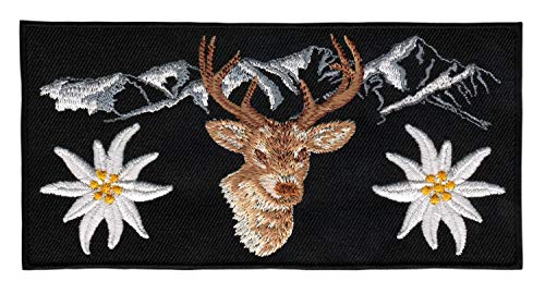 Alpen Berge Schwarz Hirsch Edelweiß Aufnäher zum aufbügeln Bügelbild Applikation Aufbügler für Kleidung gestickter Bügelflicken Blume Tracht Bayern Patch Größe 13 x 6,5 cm von BP BRAUNERT PATCHES